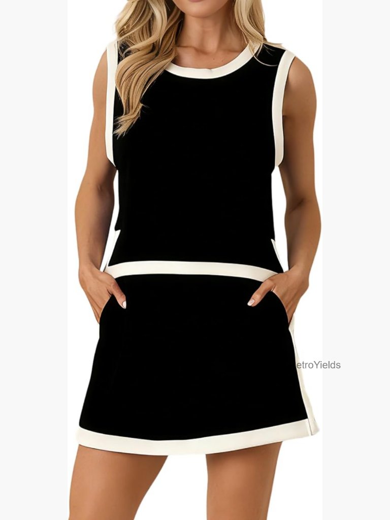 Color Block Summer Skort Set - Sleeveless Tank & Mini Skirt 2 Piece Outfit W
